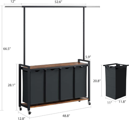Laundry Basket Organizer, 2 Section Laundry Sorter with Lockable Wheels, Rolling Laundry Hamper with Hanging Rack & Shelf, Folding Station for Laundry Room, Bedroom, Bathroom, Dorm, Closet Storage
