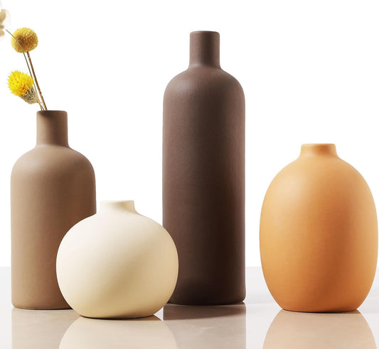 Joeabor Ceramic Vase Set of 4 - Handcrafted Ceramic Vases for Home Decor & Shelf - Modern Farmhouse Decor for Kitchen, Office, Bedroom & Living Room Decorative Objects for Mantel, Table Centerpieces