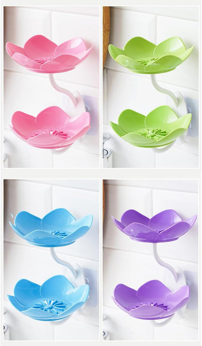 Soap Dish Holder for Shower Bar Double Layer Cute Lotus Shape Adhesive Tray Sink Wall Mounted Shampoo NO-Drilling Self Draining Hanging Saver Rack Plastic Bathroom Bathtub Kitchen，Pink