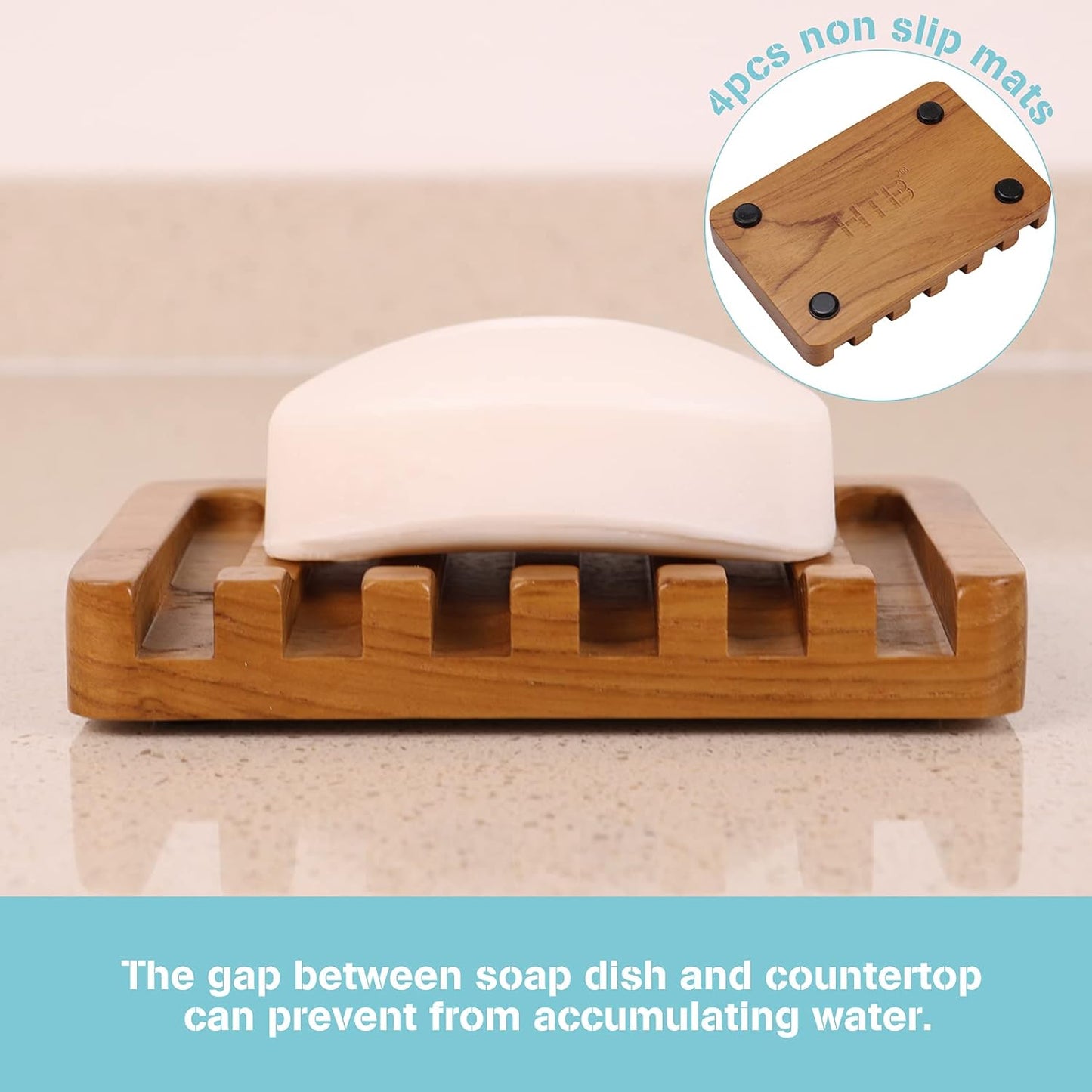 HTB Soap Dish with Slanted Waterfall Design,Teak Wood Bar Soap Holder | Soap Saver Keep Soap Bar Dry,Extend Soap Life,Non-slip Soap Tray for Shower,Bathroom,Sink,Kitchen,Countertop,Self Draining