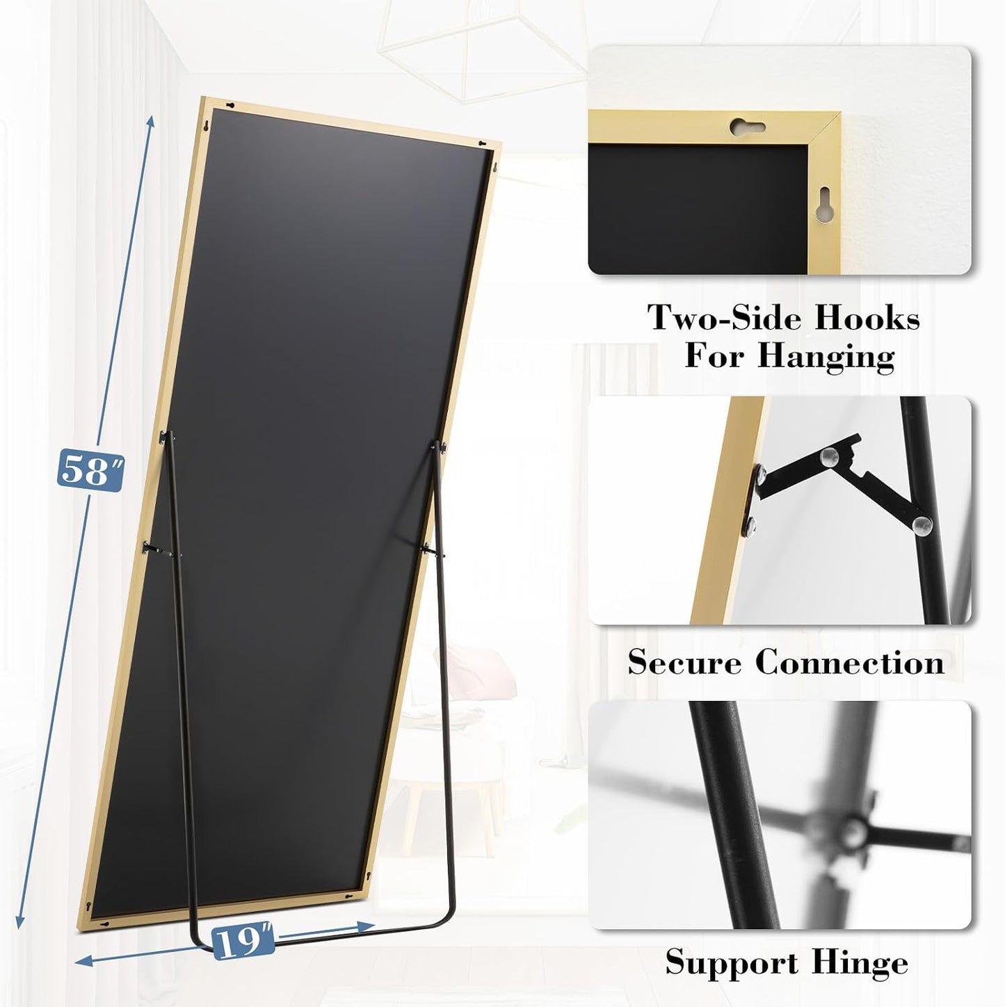 DUMOS 64"x21" Arched Full Length Floor Mirror, Full Body Mirror with Stand, Shatterproof Tempered Glass, Modern Aluminum Alloy Frame, Free Standing or Leaning for Home Decor, Gold