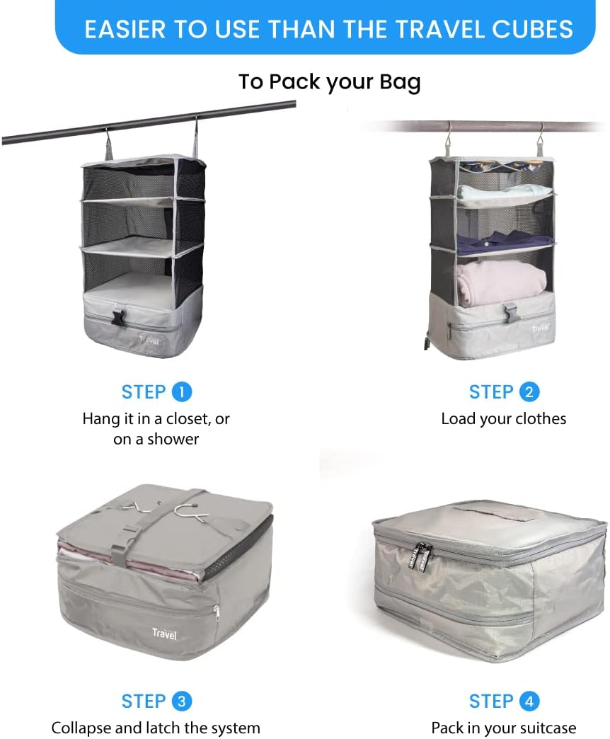 Grand Fusion Stow-N-Go Hanging Travel Shelves, Packing Organizer for Luggage. Carry on Closet for Suitcase. Expandable Packing Cube. Travel Essentials. (Black - L, L = (L) 11.8" x (W) 11.8")
