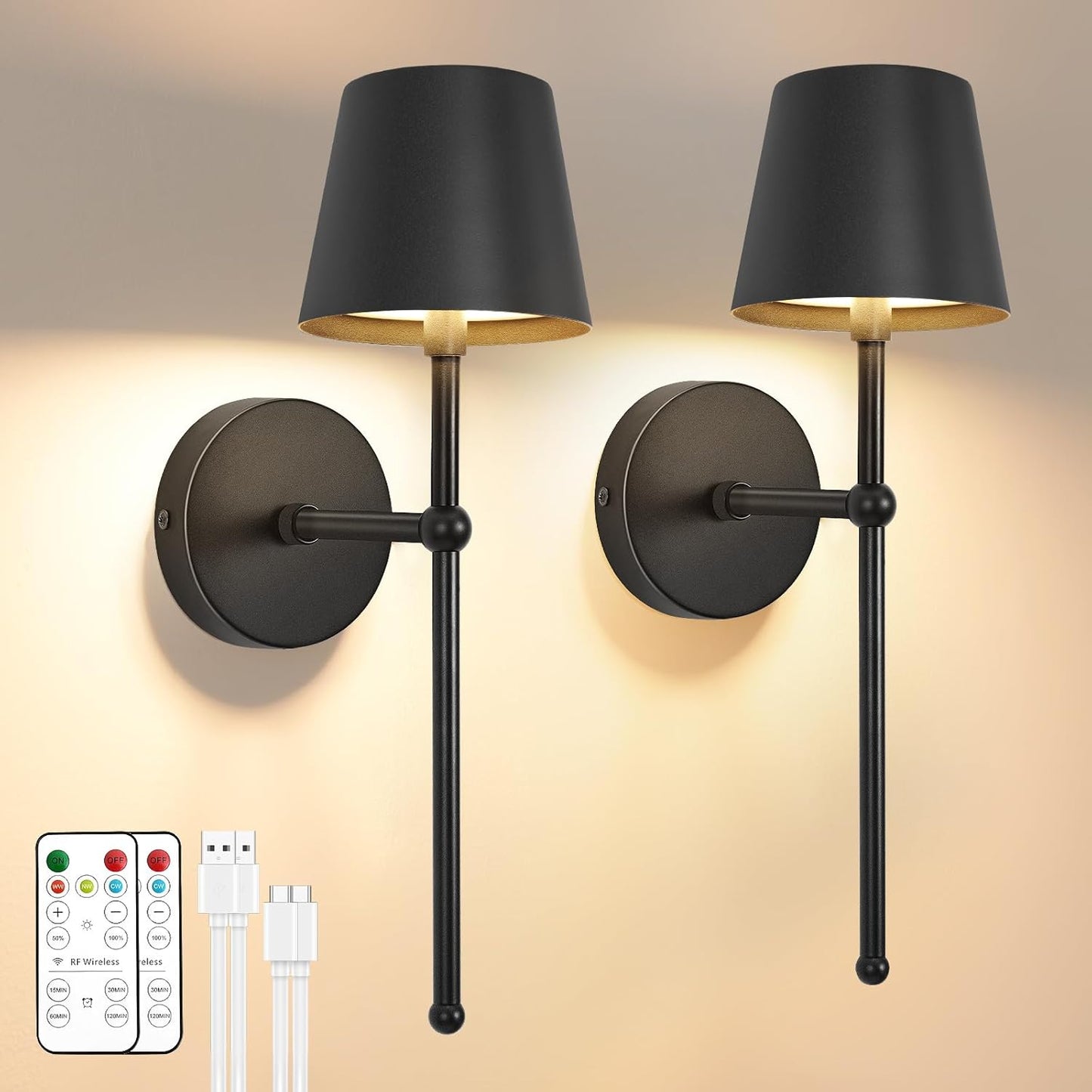 TaoFiaCo Battery Operated Wall Sconces Set of 2, Wireless Wall Sconce with Remote Dimmable Timer, Rechargeable 5200mAh, Cordless Wall Light for Bedroom Living Room, Hallway, Light Decor