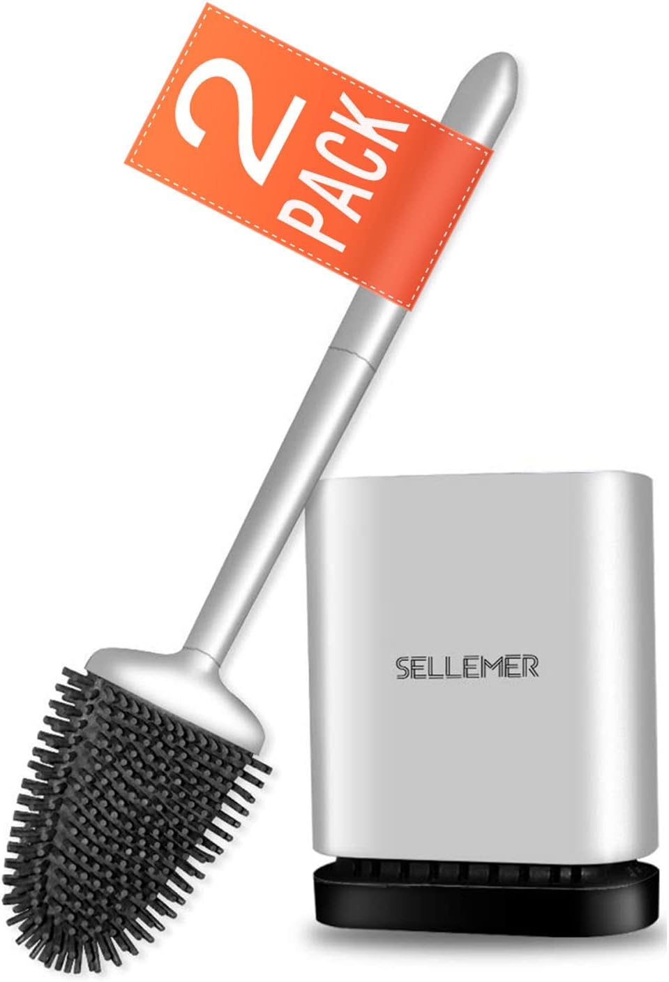 Sellemer Toilet Brush and Holder Set - Flexible Toilet Bowl Brush Head with Silicone Bristles, Compact Size for Storage and Organization, Ventilation Slots Base (1 Pack, Silver)
