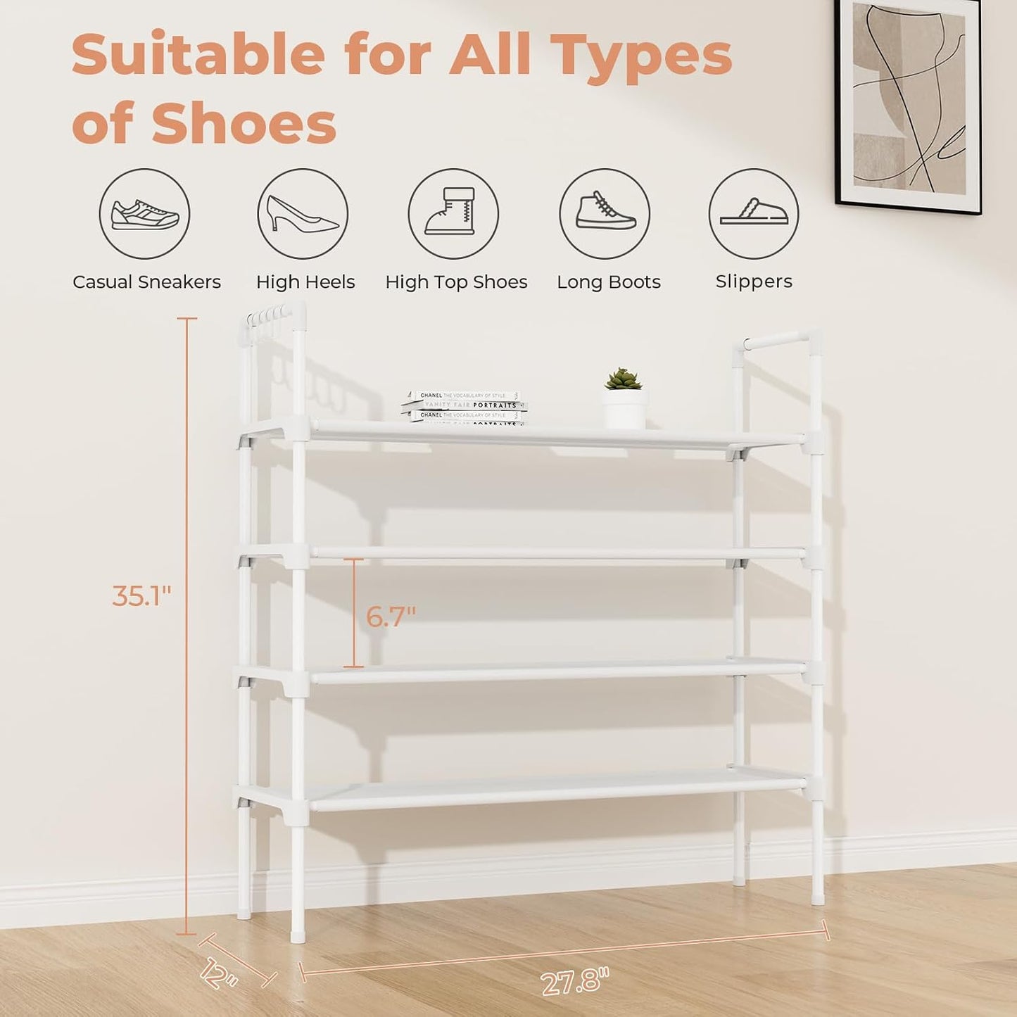 LANTEFUL 3 Tier Shoe Rack for Closet, Shoe Organizer with 5 Hooks, Long Shoe Shelf Storage for Sneaker and Boot Stackable Free Standing Shoe Rack for Entryway, Garage, Small Spaces, Dorm