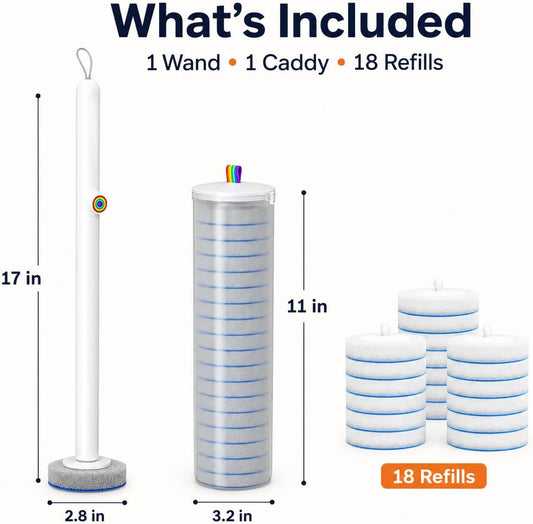 Disposable Toilet Cleaning Brush Kit with 18 Refill Heads, One-Press Release, Built-in Cleaning Solution, Wall-Mounted Storage, Ideal for Bathroom, Home, Rental and Airbnb