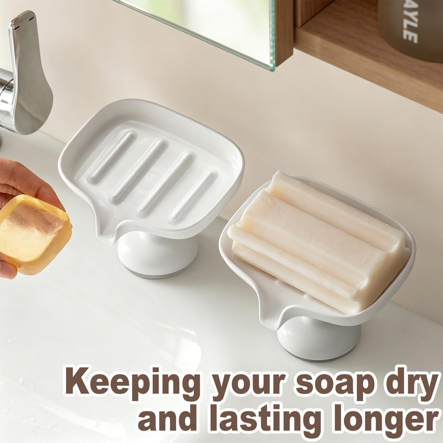 1PCS Self Draining Soap Dish with Suction Cup, Soap Holder for Shower, Bathroom, Sponge Holder for Kitchen Sink, Removable No Damage Stand Bar Soap Tray with Drain Spout Keeps Clean & Dry, White