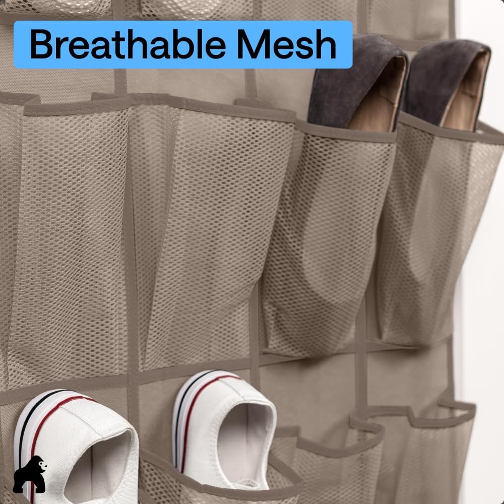 GORILLA GRIP Over the Door Shoe Organizer, 24 Large Breathable Mesh Pockets, Space Saving Hanging Storage Holder, Closet Rack Hanger Holds Up to 40 lbs, Hangs on Closets for Shoes, Accessories, Grey