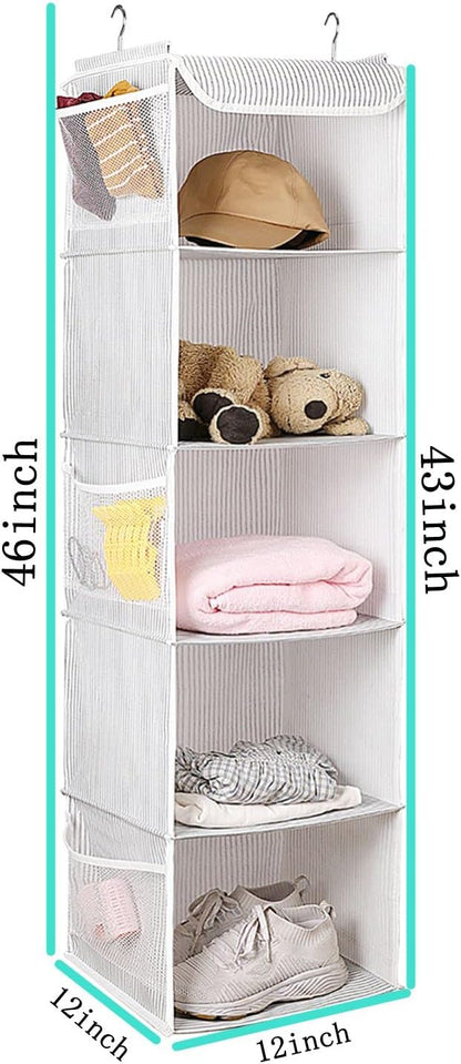 BrilliantJo 2 Pack Hanging Closet Organizer, 5 Shelves Hanging Storage with 6 Side Pockets for Clothes Shoes, 43"x12"x12"(Black)