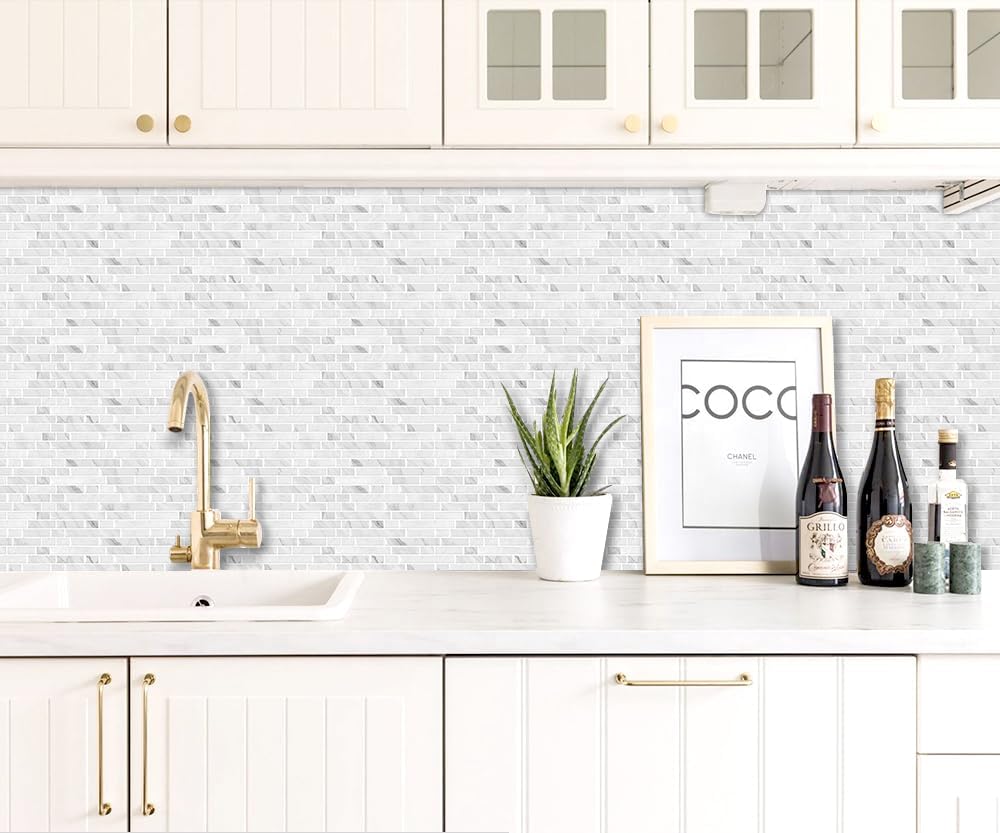 Yipscazo 10 Sheets Peel and Stick Backsplash for Kitchen Wall, 12''x12'' Waterproof Stick on Backsplash Smart Tiles for Bathroom,Removable Backsplash Wall Tiles in Gray White