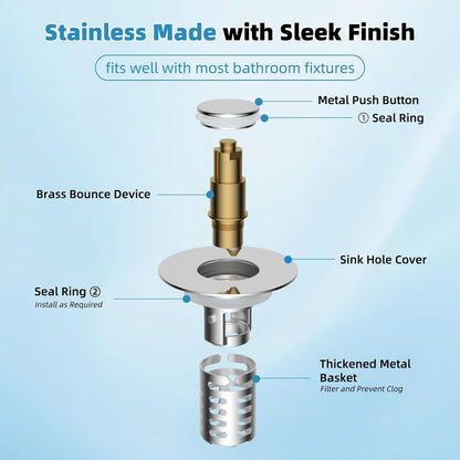 Universal Metal Bathroom Sink Drain Strainer Hair Catcher Upgraded 3 in 1 Pop-up Sink Stopper, with Detachable Stainless Steel Filter Basket, Fit for Standard 1.1''~2.36'' Basin Hole, Brushed Nickle