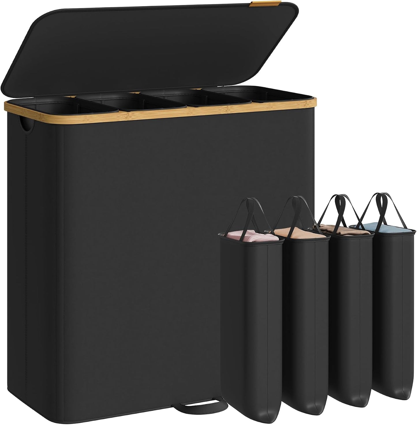 SONGMICS Laundry Hamper, Laundry Sorter with Lid, Storage Basket Bin, Removable Liners, Bamboo Frame, for Bedroom, 3 Sections, 44.9 Gal. (170 L), Ink Black ULCB533BH01