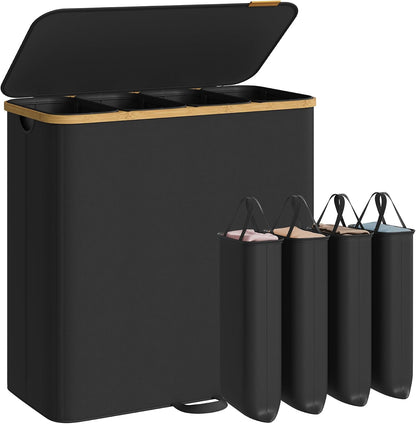 SONGMICS Laundry Hamper, Laundry Sorter with Lid, Storage Basket Bin, Removable Liners, Bamboo Frame, for Bedroom, 3 Sections, 44.9 Gal. (170 L), Ink Black ULCB533BH01