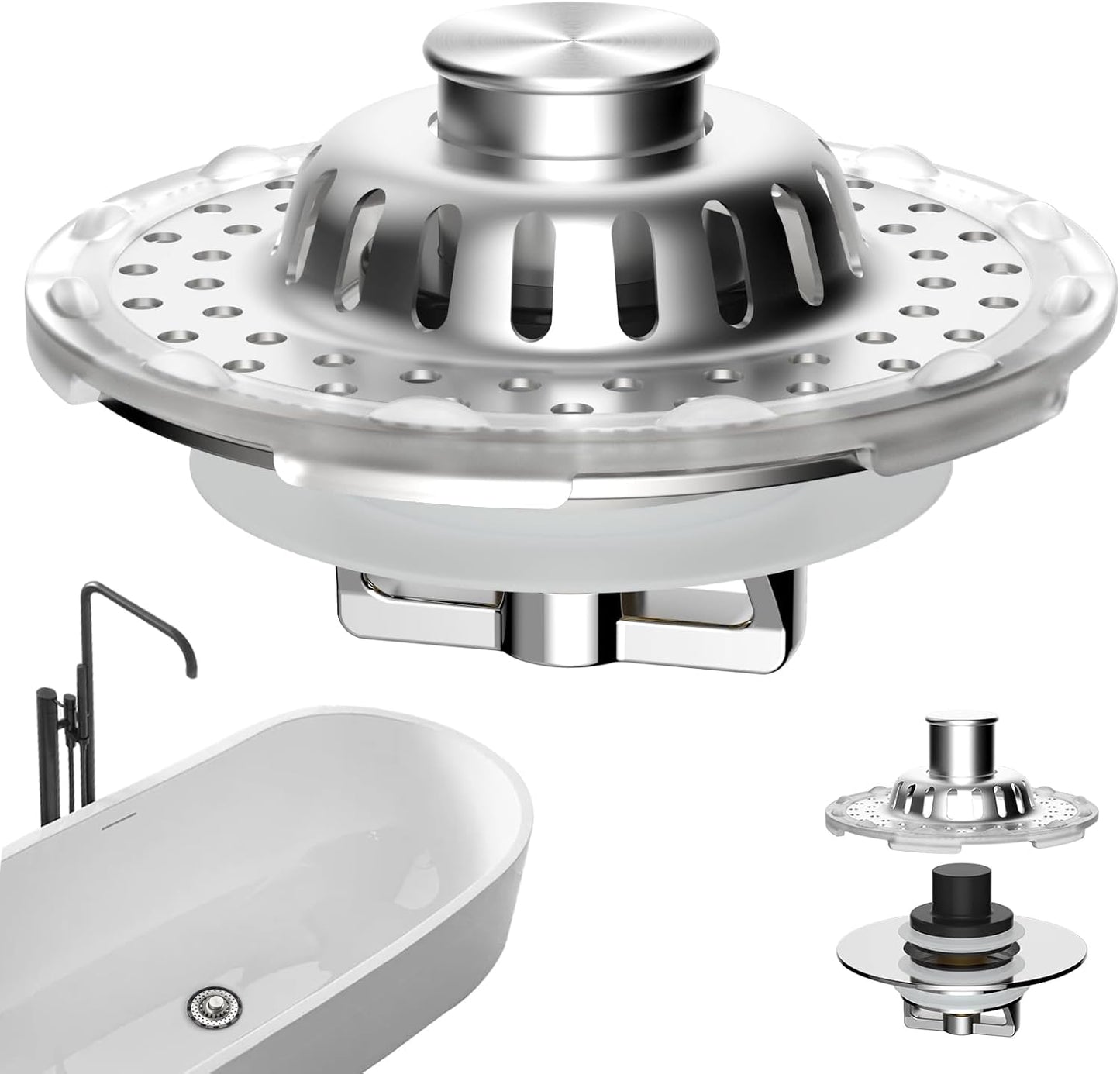 Universal Bathtub Drain Stopper Shower Drain Hair Catcher, Tub Stopper with Visible Top Strainer, Upgraded 3 in 1 Pop-up Drain Plug Fit for 1.5 to 2.4" Hole, Stainless Steel Filter Basket, Chrome