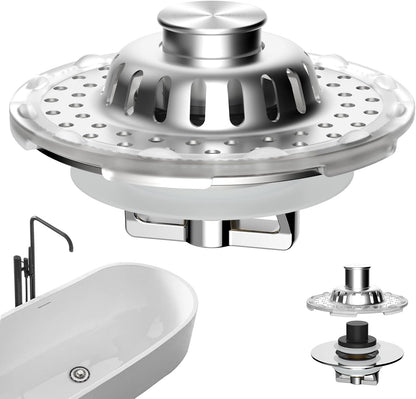 Universal Bathtub Drain Stopper Shower Drain Hair Catcher, Tub Stopper with Visible Top Strainer, Upgraded 3 in 1 Pop-up Drain Plug Fit for 1.5 to 2.4" Hole, Stainless Steel Filter Basket, Chrome