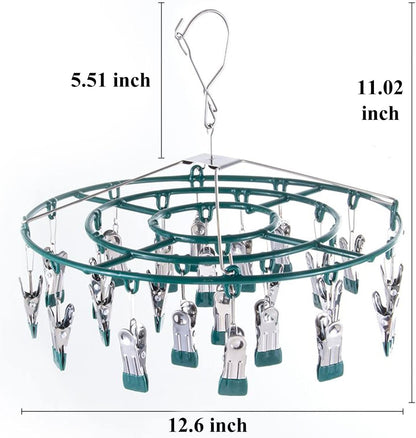 Stainless Steel Clothes Sock Drying Rack with 24 Clips, Swivel Hook Windproof Clothes Hanger Rack for Sock, Bras, Towel, Underwear, Laundry Clothes, Hat, Scarf, Pants, Gloves (Pink Clips)