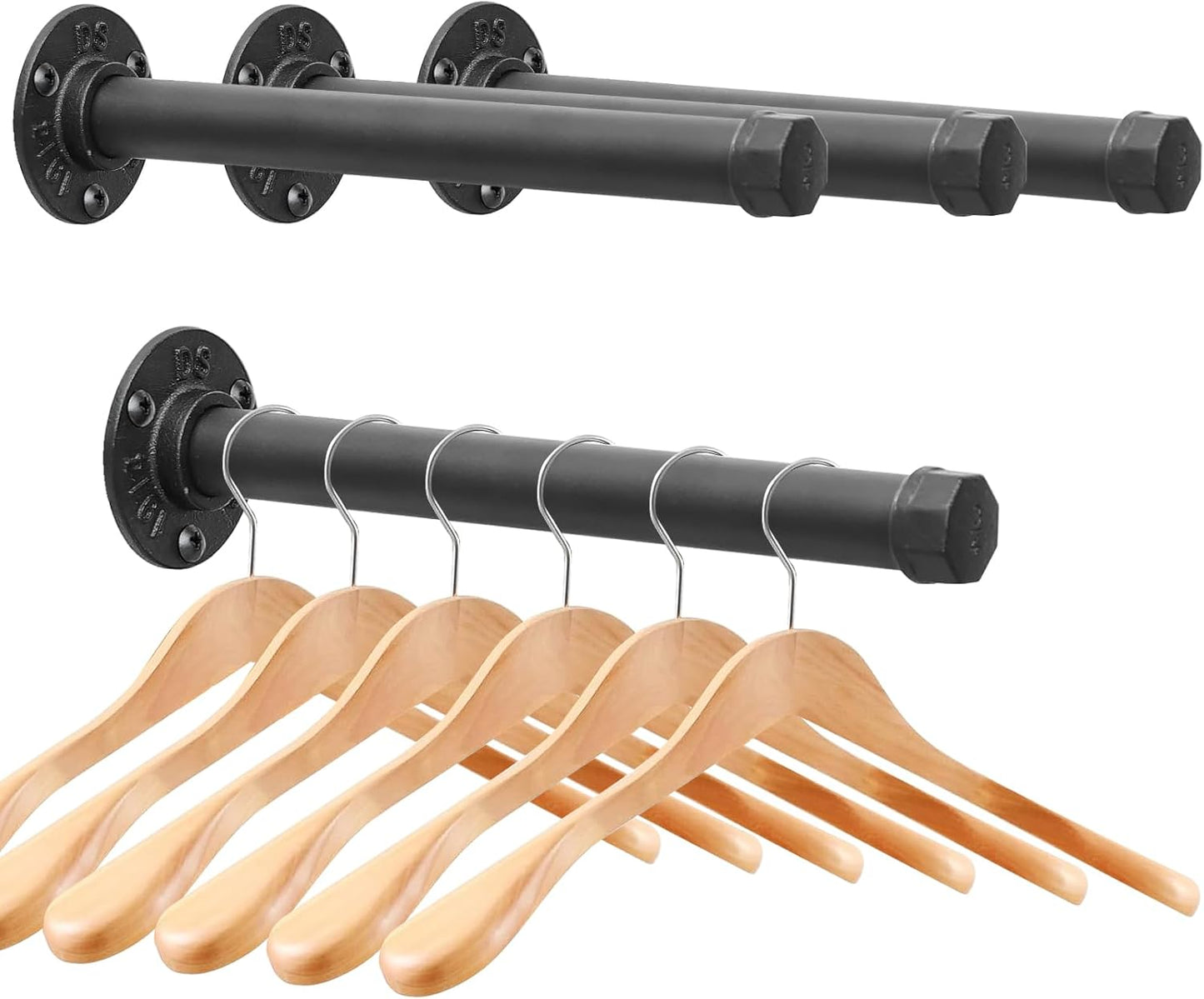 Cast Iron Wall Mounted Clothes Rack, Heavy Duty Industrial Pipe Clothing Rack for Hanging Clothes, Garment Racks for Wardrobe Organizers and Storage, DIY Closet Rods Closet Bar (Black 2 Pack, 12 in)