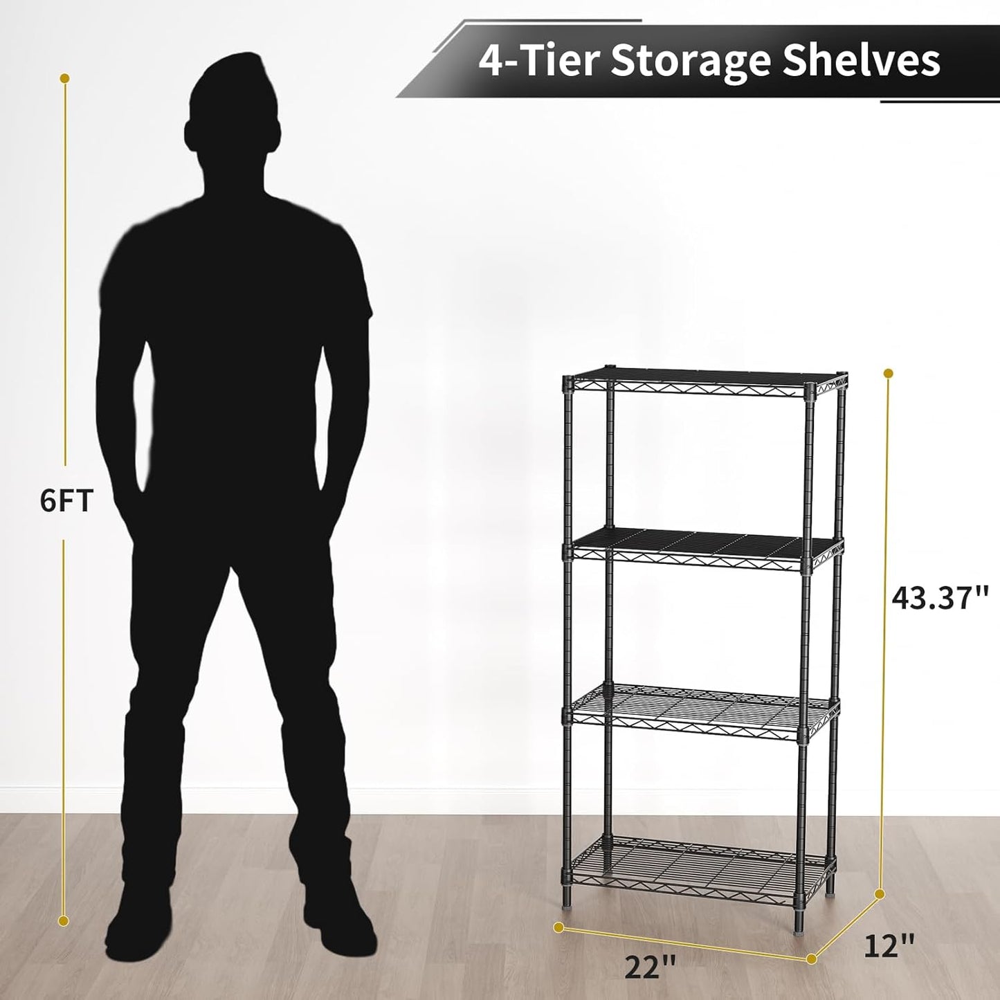 Golpart 4 Tier Adjustable Storage Shelves Metal Utility Shelf Wire Shelving Unit Organizer Rack for Home Kitchen Office Bathroom Pantry Room 12" D x 18" W x 44" H