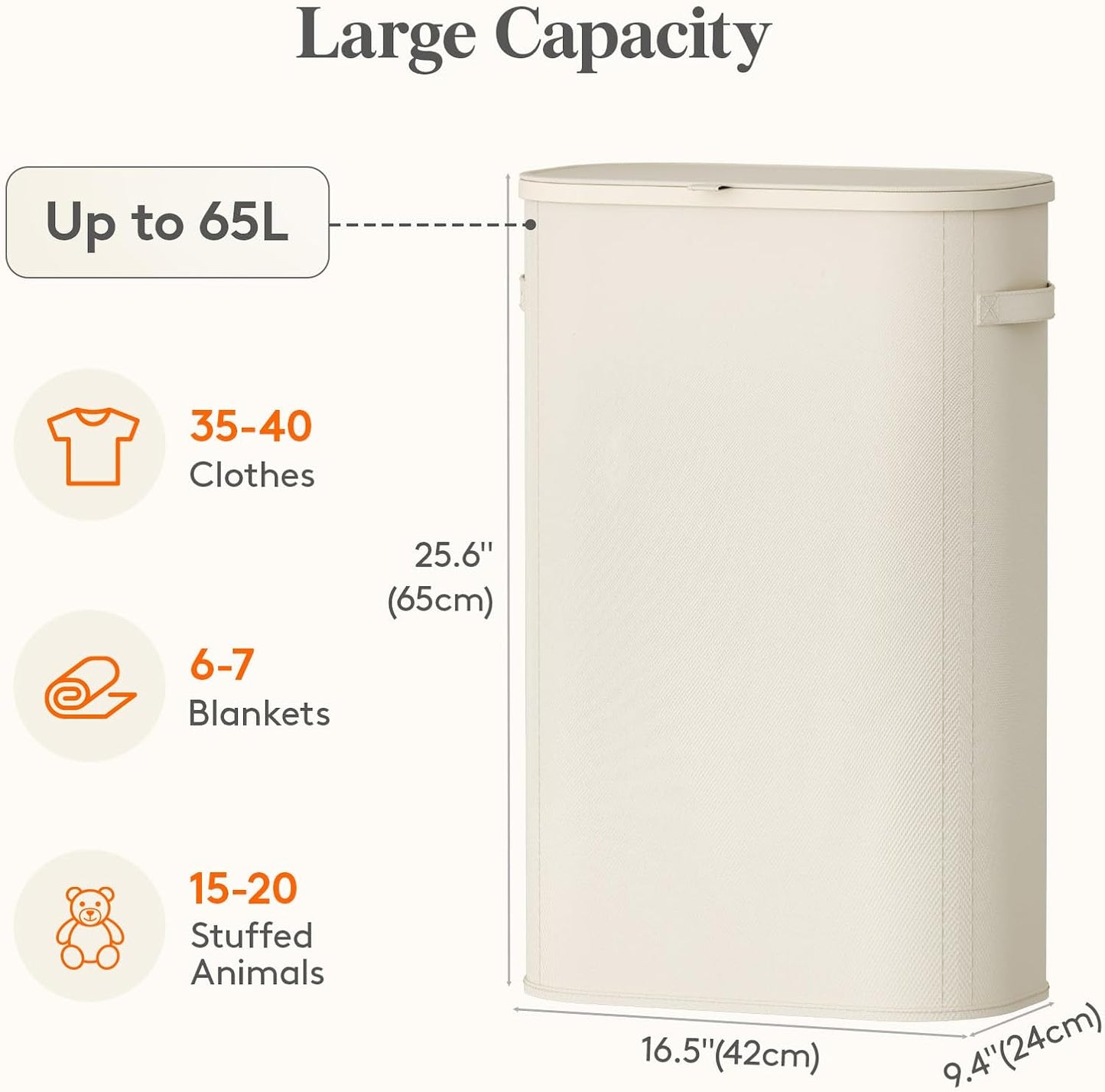 Lifewit Slim Laundry Basket with Lid, Narrow Laundry Hamper with Plastic Handles and Removable Bag, Tall Foldable Dirty Clothes Hampers for Laundry Room, Bedroom, Bathroom, Dorm, 65L Beige