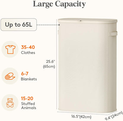 Lifewit Slim Laundry Basket with Lid, Narrow Laundry Hamper with Plastic Handles and Removable Bag, Tall Foldable Dirty Clothes Hampers for Laundry Room, Bedroom, Bathroom, Dorm, 65L Beige