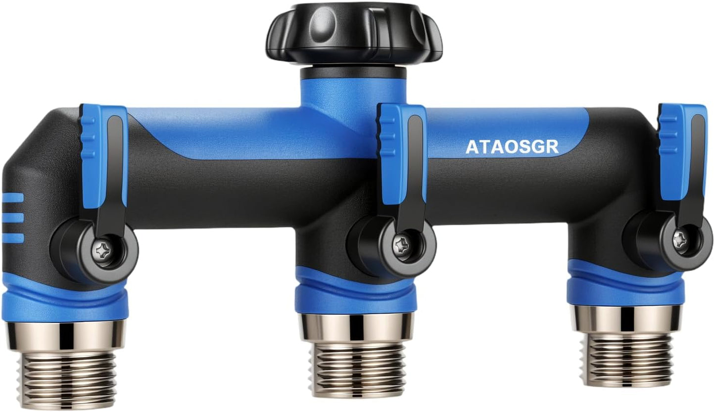 ATAOSGRGarden Hose Splitter 3 Way, 3/4" Outdoor Faucet Splitter, Tap Connector with On/Off Valves and Extended Handle, Tap Adapter Garden Hose Connector for Garden Outdoor Home - Greens