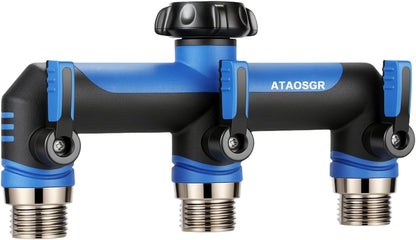 ATAOSGRGarden Hose Splitter 3 Way, 3/4" Outdoor Faucet Splitter, Tap Connector with On/Off Valves and Extended Handle, Tap Adapter Garden Hose Connector for Garden Outdoor Home - Greens