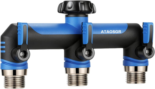 ATAOSGRGarden Hose Splitter 3 Way, 3/4" Outdoor Faucet Splitter, Tap Connector with On/Off Valves and Extended Handle, Tap Adapter Garden Hose Connector for Garden Outdoor Home - Greens