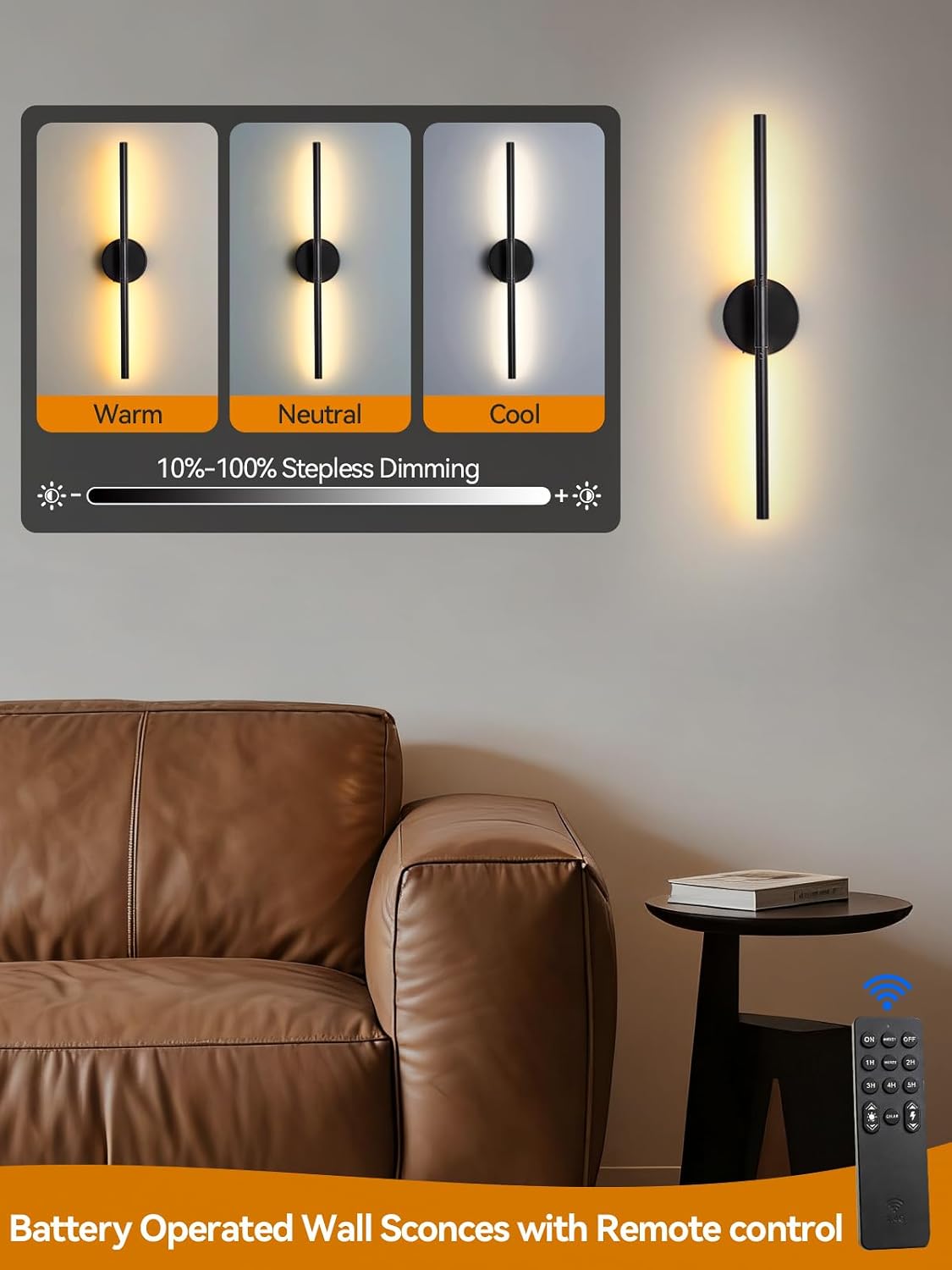 Battery Operated Wall Sconces Set of 2, Modern Wireless Wall Lights with Remote & Touch Control, 24 Inch Black Dimmable Rechargeable LED Sconce with 3 Colors & Timer for Bedroom, Living Room, Hallway