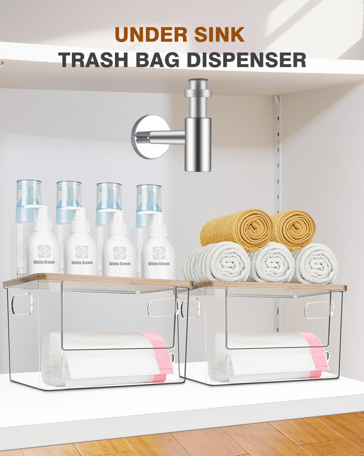 Trash Bag Dispenser 2 Pack - Under Sink Organizer, Plastic Bag Holder, Stackable Acrylic Garbage Bag Storage with Bamboo Lid for Kitchen Cabinet, 13/30/33 Gallon Grocery Bag Dispenser