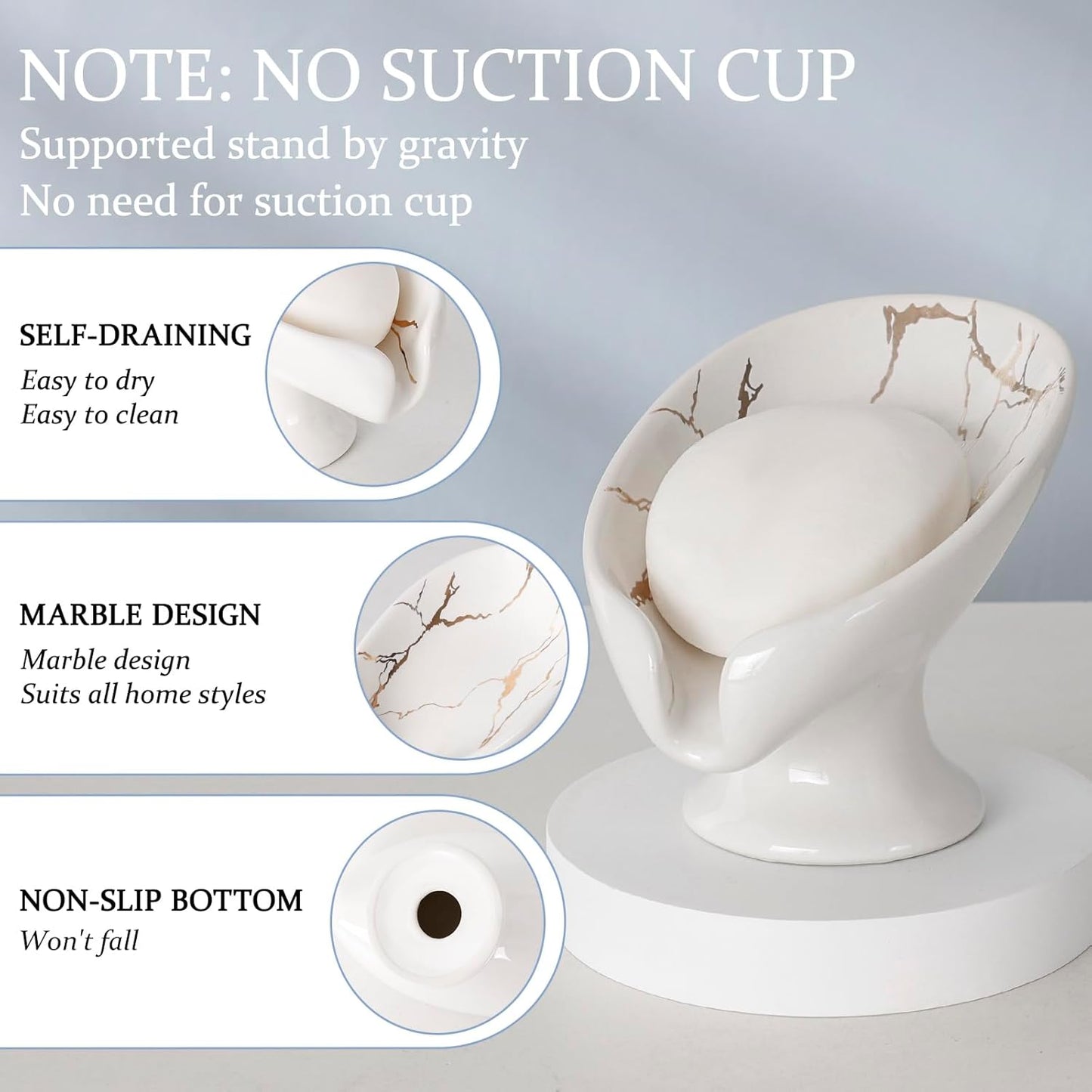 Small Soap Dish, Self Draining Bar Soap Holder for Bathroom Sink, Leaf Shaped Drainage Ceramic with Marble-Pattern Finish, Decorative Soap Dish, No Suction Cup, ANTIS'S HOME