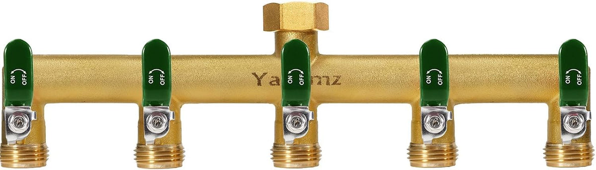 Garden Hose Splitter, 3/4” Rust and Freeze Resistant Outdoor Hose Manifold with 2 Green Extra Long Handles Faucet Adapter-Heavy Duty Brass 2-Way Valve