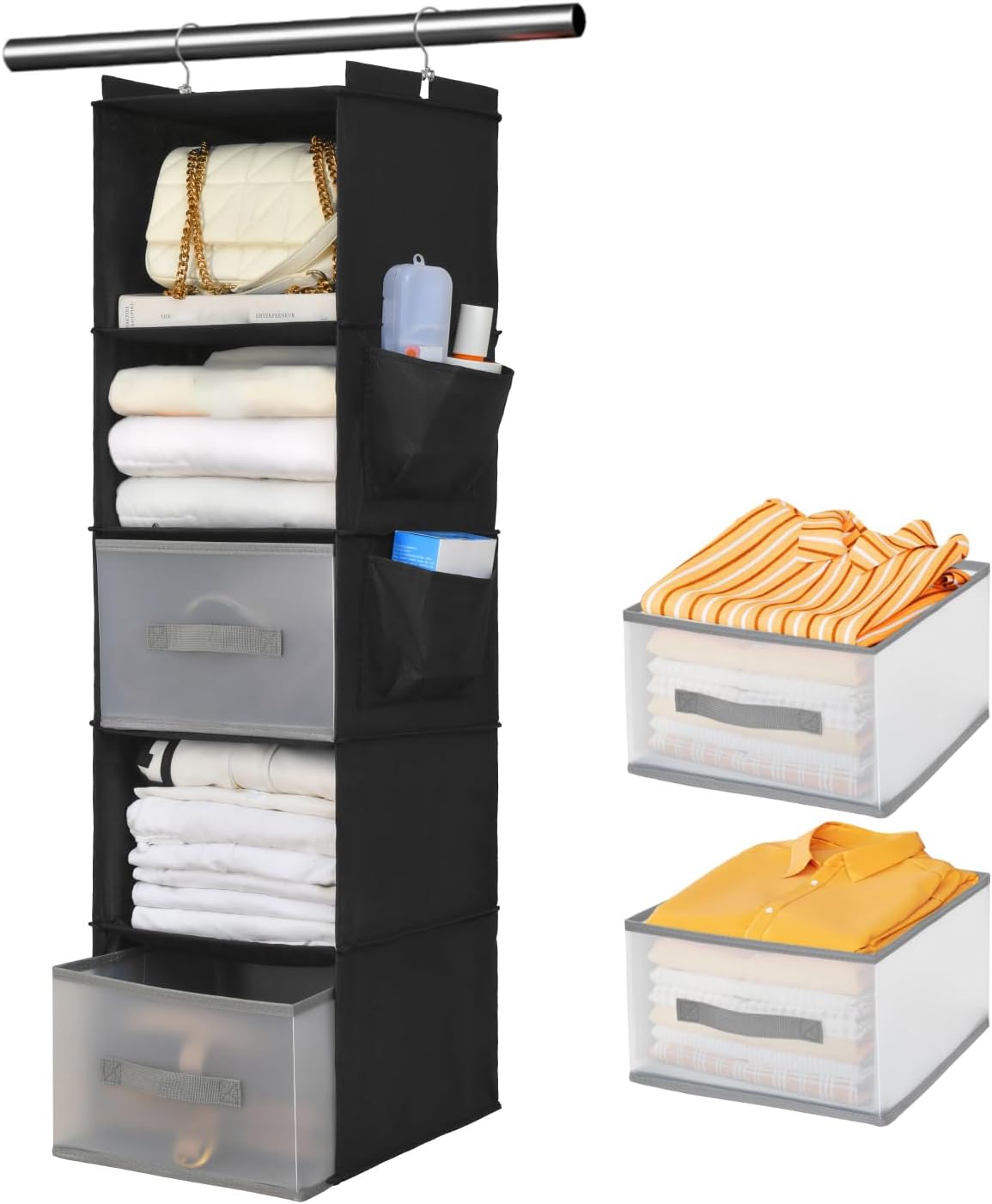 6-Shelf Hanging Closet Organizer with 3 Drawers & Side Pockets, Gray | Non-woven fabric, tool-free setup, ideal for bedrooms/dorms/RVs, 3 foldable transparent drawers for easy access