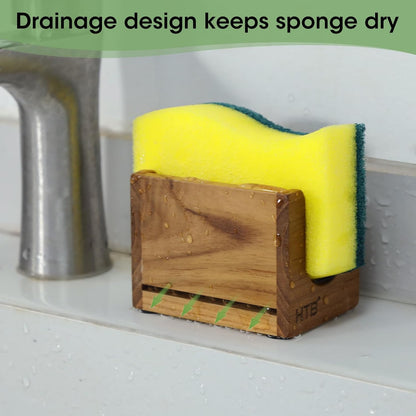 HTB Sponge Holder for Kitchen Sink,Teak Wood Dish Sponge Caddy Rack Tray Stand with Drain,Kitchen Sink Storage Organizer Countertop