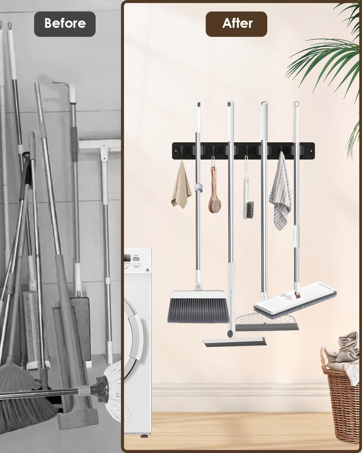 AceMining Broom Holder Wall Mounted, White 4 Holders and 4 Hooks Mop Holder, Wooden Mop and Broom Holder with Anti slip rubber, Natural pine wood Brush Holder, Mop Wall Holde with Nail installation