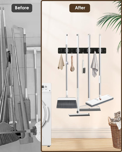 AceMining Broom Holder Wall Mounted, White 4 Holders and 4 Hooks Mop Holder, Wooden Mop and Broom Holder with Anti slip rubber, Natural pine wood Brush Holder, Mop Wall Holde with Nail installation