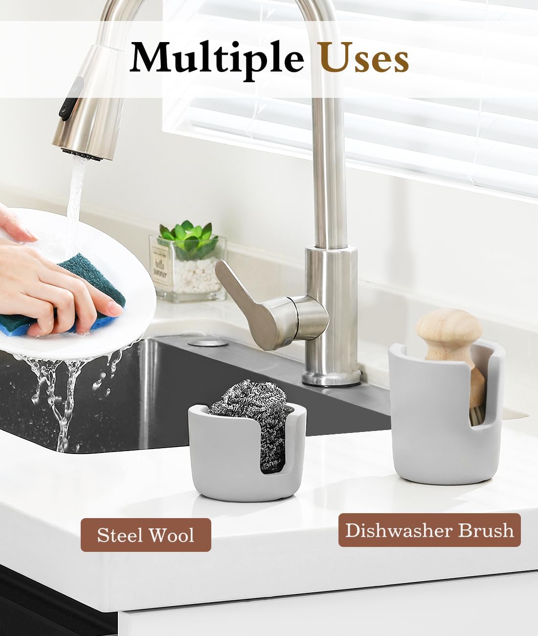 Luxspire Kitchen Sponge Holder, Dish Sponge Holder with with Drain Tray, Marble Sponge Holder for Kitchen Sink, Kitchen Sink Caddy 2 Compartments, Gravel White
