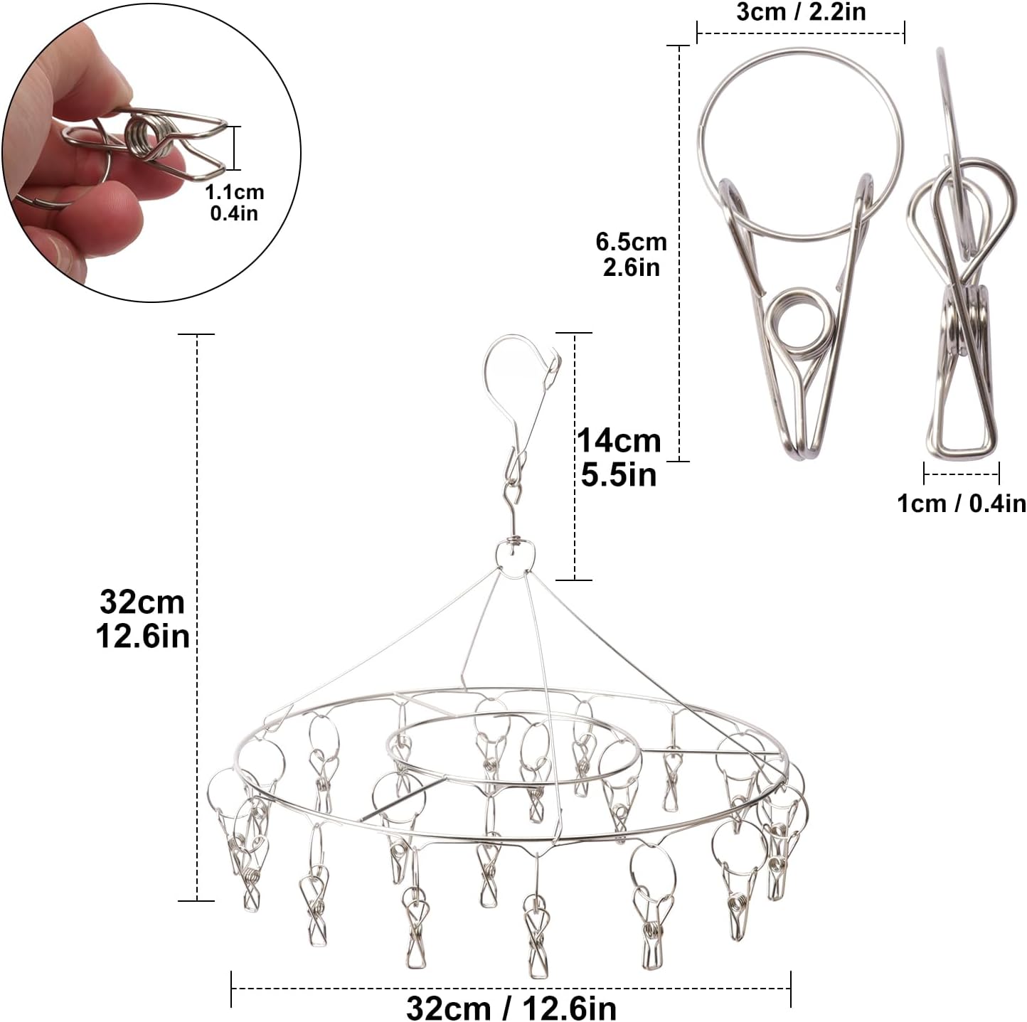 16 Pack 14 inch Stainless Steel Drying Rack with 10 Clips, Sock Drying Rack with Windproof Clips, Stainless Steel Clothes Hanger for Bras, Clothes, Sock & Underwear Towels