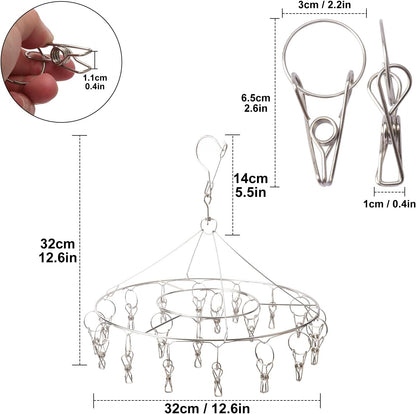 16 Pack 14 inch Stainless Steel Drying Rack with 10 Clips, Sock Drying Rack with Windproof Clips, Stainless Steel Clothes Hanger for Bras, Clothes, Sock & Underwear Towels
