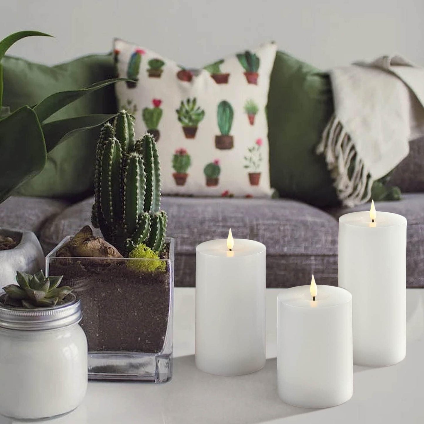 LampLust Realistic Flameless Pillar Candles with Remote, Set of 3, Batteries Included, Real White Wax, 3D Flickering LED Flame, 3 Inch Pillar Candles, Spring Decor, Centerpieces for Tables
