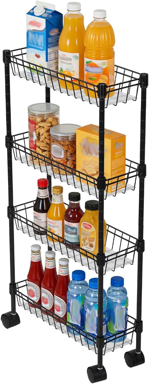 Slim Storage Cart 3 Tier, Bathroom Organizer Rolling Utility Adjustment Shelf for Small Spaces, Kitchen, Dining Room, Living Room, Bathroom, Black