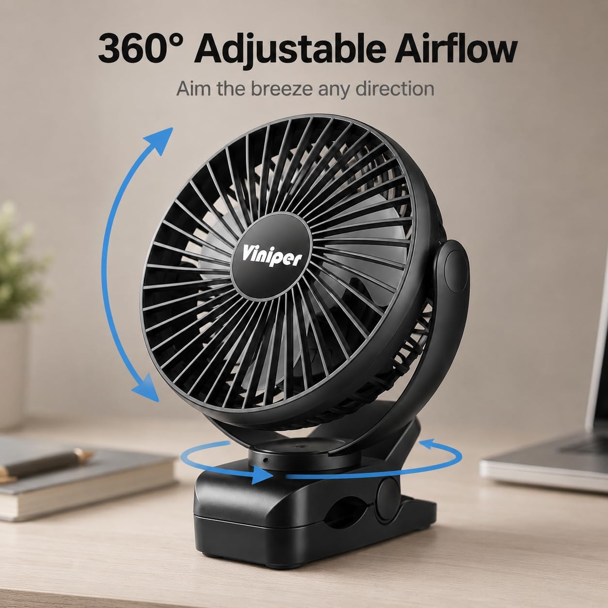 Viniper 6 inch Rechargeable Clip on Fan, 5000mah Battery Desk Fan : 360° Rotation & 3 Speeds Strong Wind Portable Fan, 8-30 Working Hours, Quiet and Powerful (Black)