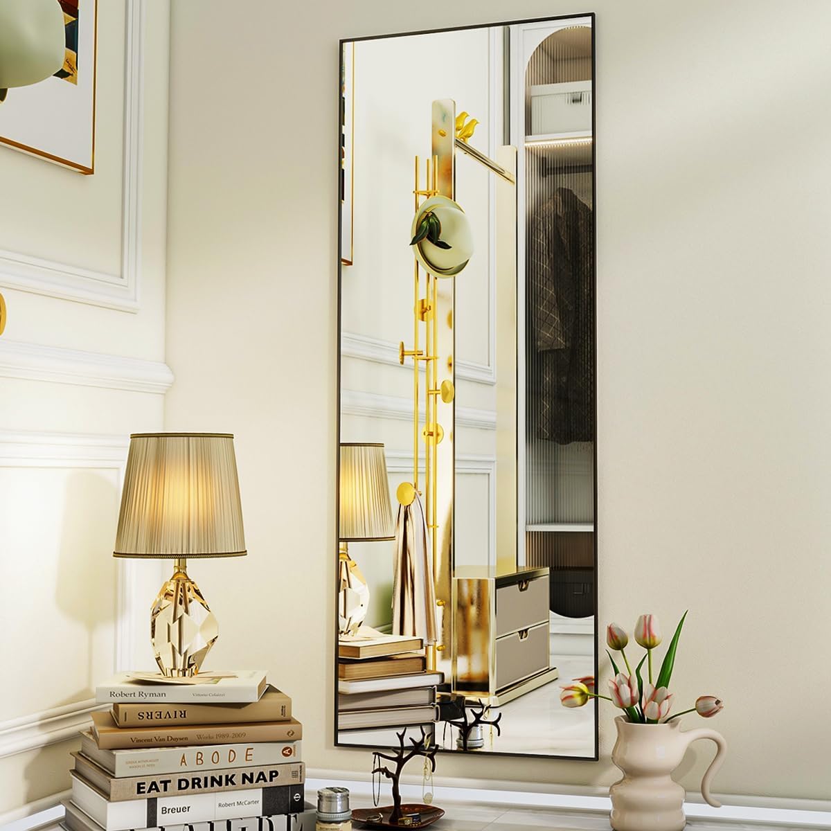 VooBang Mirror Full Length - 21" x 57" Floor Mirror with Stand, Aluminum Alloy Frame Full Body Mirror, Standing Hanging or Leaning Against Wall for Bedroom and Living Room, Black