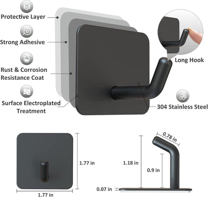 VIS'V Adhesive Hooks, Heavy Duty Shower Wall Stick on Hooks, Waterproof, 2 Extra Adhesive Strips, Black, 4 Pcs