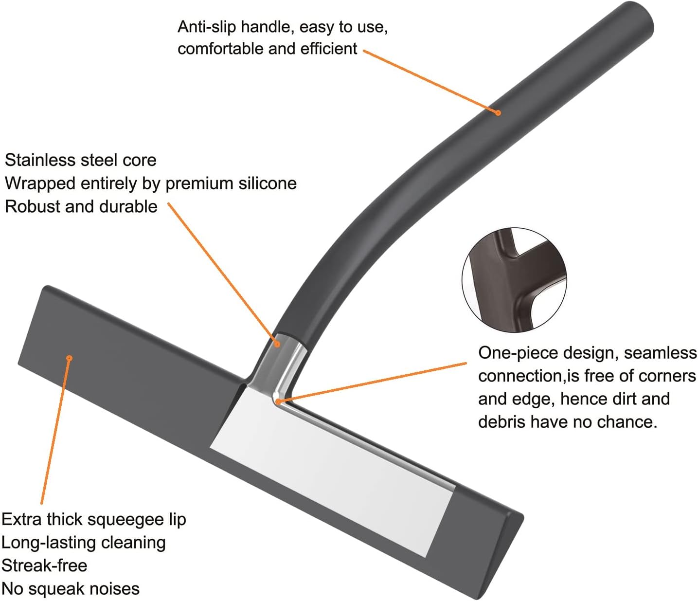 All -Purpose Silicone Shower Squeegee for Shower Glass Door with Hook, Bathroom Accessories for Window Mirror Tile Car Shower Walls,Household Shower Cleaner Tool (Black, 9 inch(1 Hook)