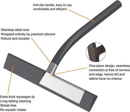 All -Purpose Silicone Shower Squeegee for Shower Glass Door with Hook, Bathroom Accessories for Window Mirror Tile Car Shower Walls,Household Shower Cleaner Tool (Black, 9 inch(1 Hook)