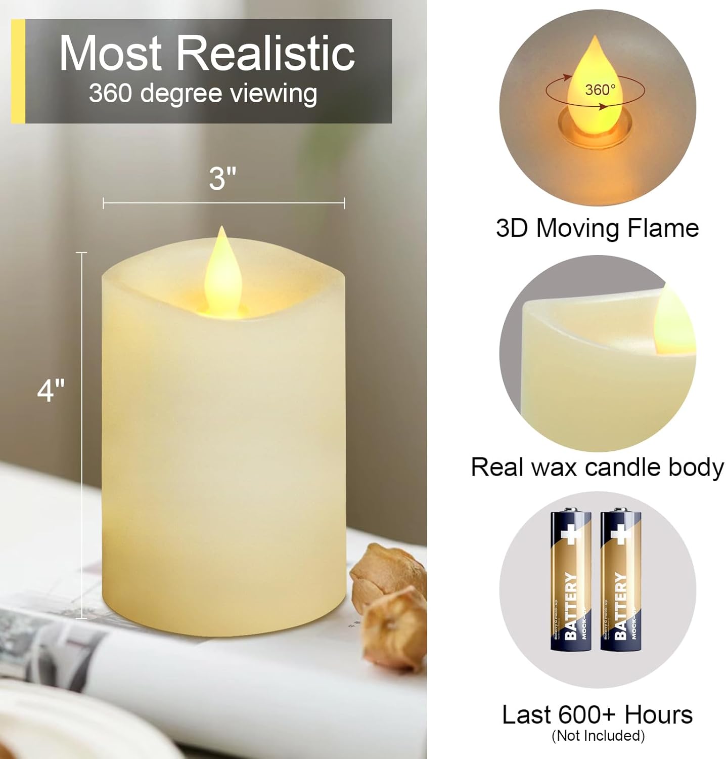 3x3 Flameless Candles with Remote Set of 2, 3 inch Battery Candles Flickering with Timer, LED Pillar Candle for Indoor/Outdoor, White