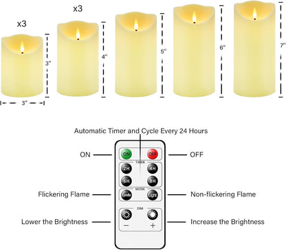 Nimiko Flameless Candles with Remote, Battery Operated Flickering Flameless Candles, LED Candles with Timer 2/4/6/8H, with Realistic LED Candles Set of 9 (D3 x H 3" 4" 5" 6" 7") (White)