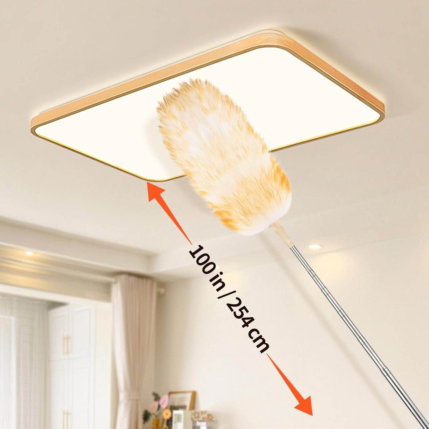 Extendable Lambswool Duster 29-110 Inch,Anti-Static Flexible Head, Stainless Steel Pole for Cleaning High Ceiling,Fan,Furniture,Roof Dusting