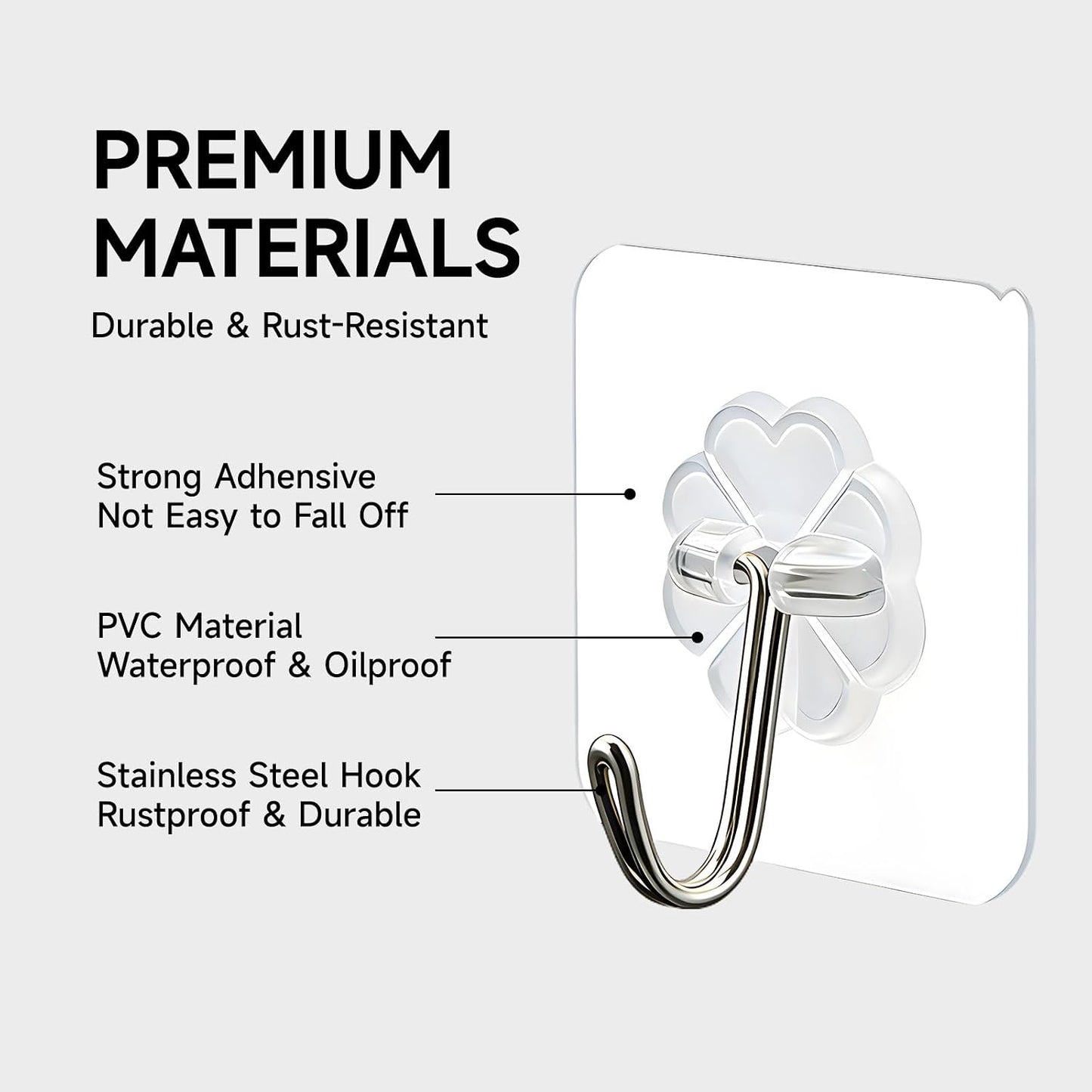 16 Pack Crystal Clear Adhesive Hooks for Hanging, Heavy Duty 22lb | Sticky Hooks, Invisible Clear Wall Hooks No Drill No Damage, Waterproof Shower Hooks for Bathroom Kitchen Towel Keys