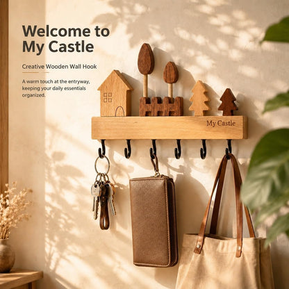 My Castle Wooden Key Holder Wall Mounted with 6 Hooks, Rustic Solid Wood Entryway Organizer, Cute House & Tree Design, Heavy Duty Wall Hooks for Keys, Bags, Hats